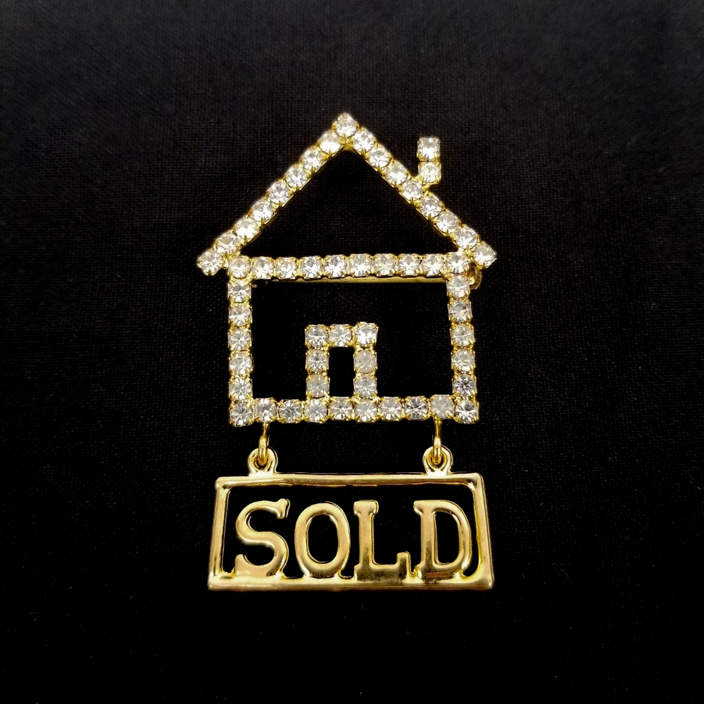 Gold Tone Rhinestone House Home Realtor Brooch Pin